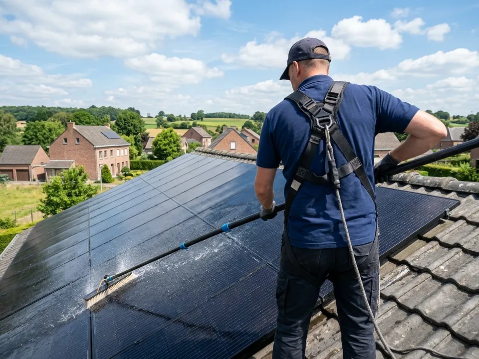 Rooftop solar panels cleaned with a soft brush and pure water