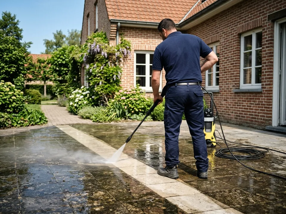 Stone terrace being cleaned with a pressure washer